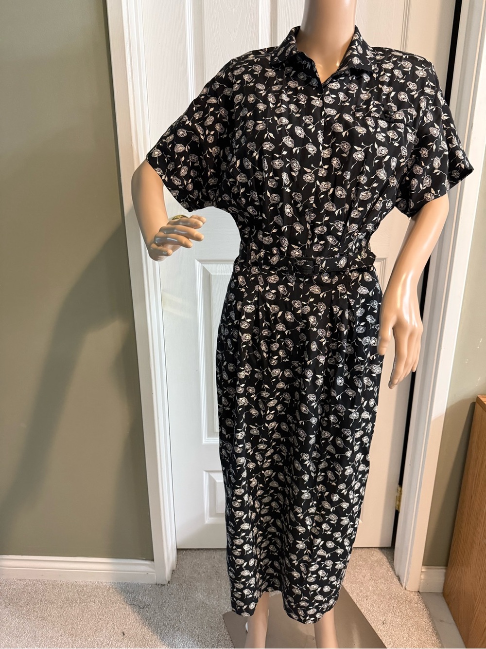 Vintage Clifford & Wills Shirt Dress 8 Unworn Belted Black Floral Union Tag